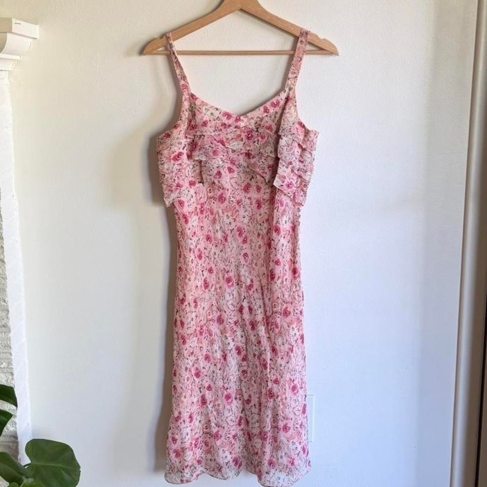 ANN TAYLOR LOFT 100% Silk Pink Floral Slip Dress Cottagecore Midi Size 4